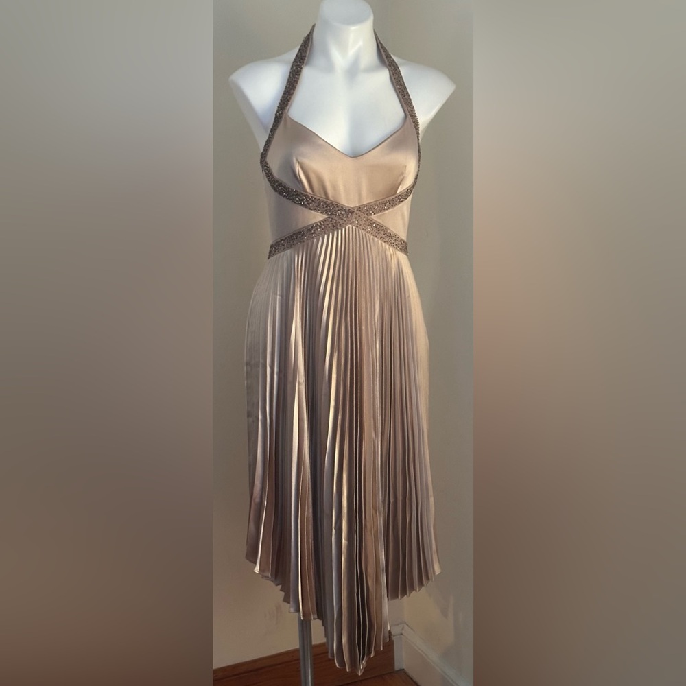 SHELLI SEGAL Satin Gold Brown Beaded Pointy Pleated Halter Dress Sz 6
